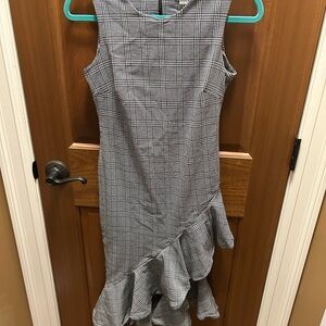 Calvin Klein Gray and White Asymmetrical Ruffled Sheath Dress